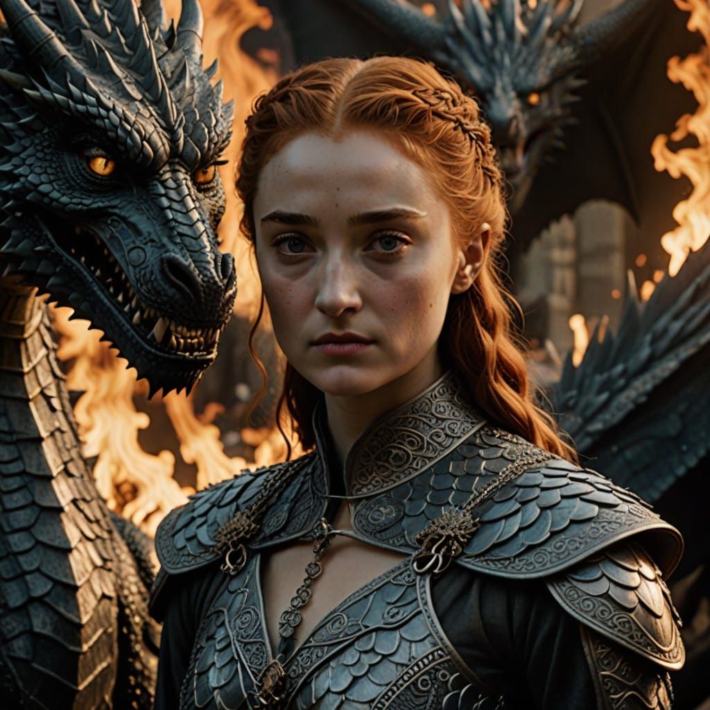 Surreal Fantasy Scene: Stark Maiden Meets Majestic Dragon