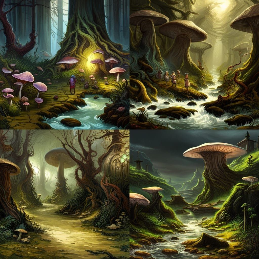 Mushroom Forest River Scene in Video Game Style