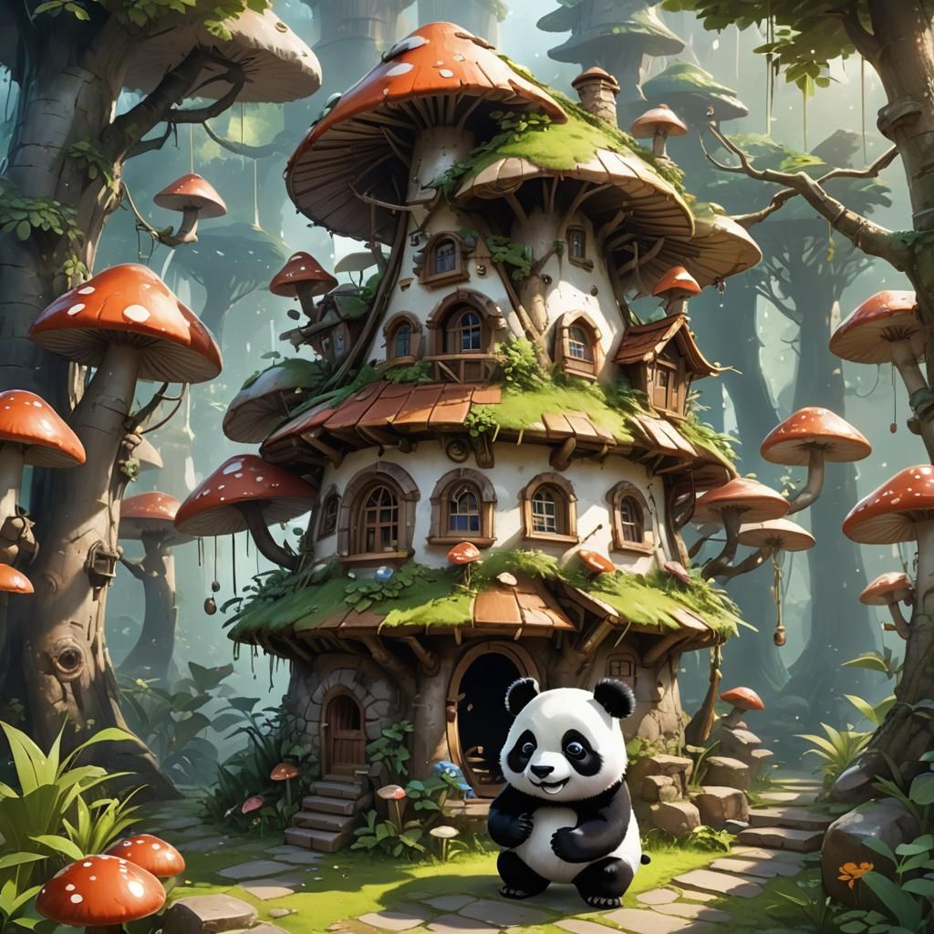 Cute Panda Unlocking Mushroom House in 3D Anime Art