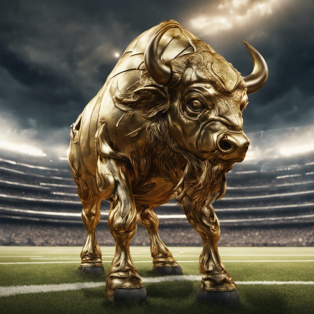 Metallic Buffalo on Football Field, Detailed Digital Art