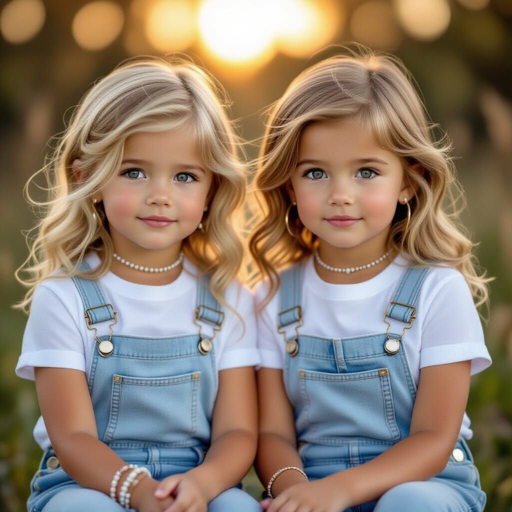 Twin Girls in Denim Overalls in Golden Hour Light