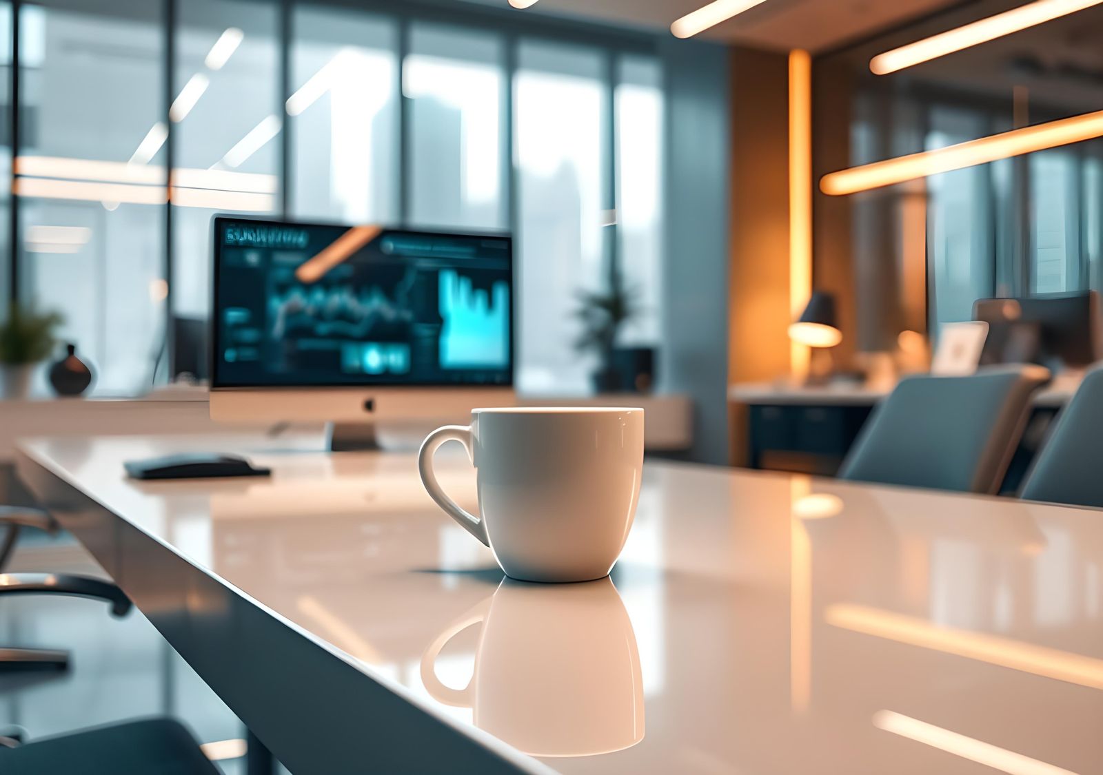 White Coffee Cup in Clean Office: 8K Digital Art