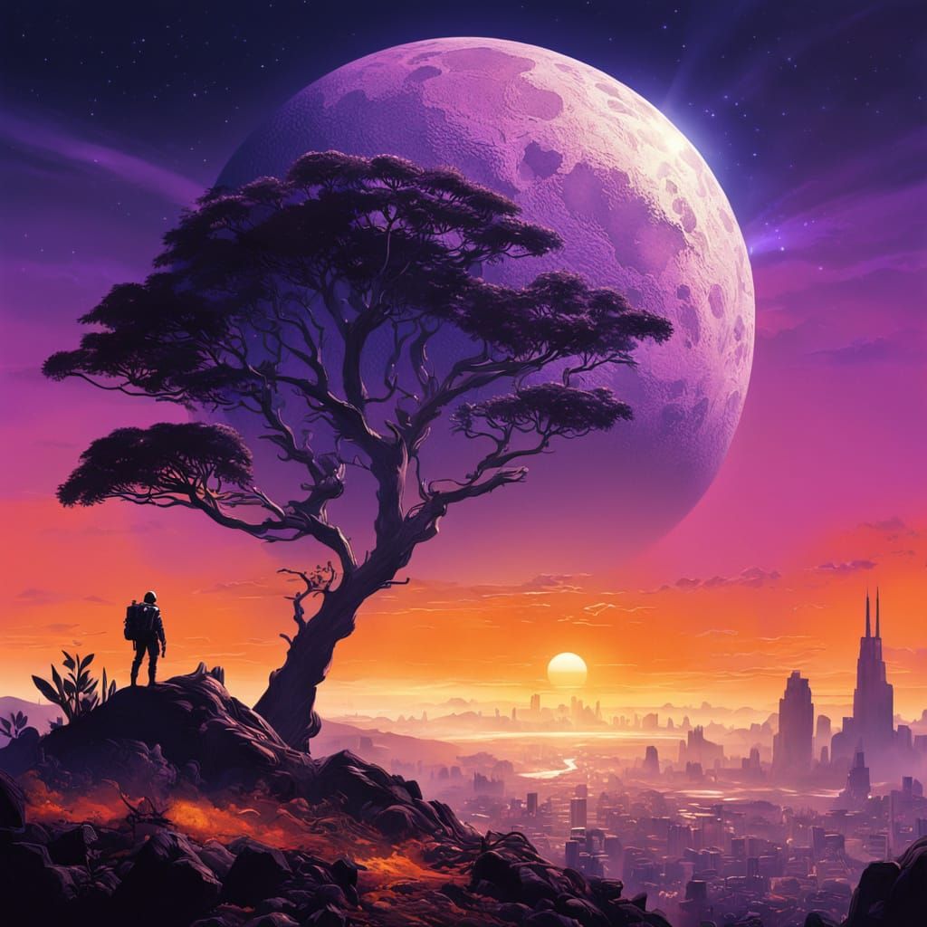 Sci-Fi City on Alien Moon with Giant Plant