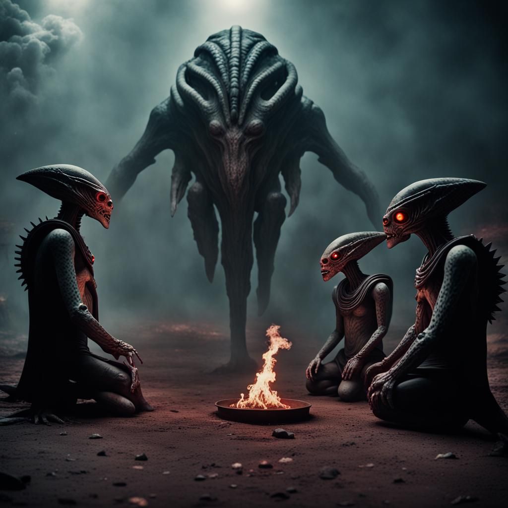 Galactic Aliens at Mystical Ritual on Demonic World
