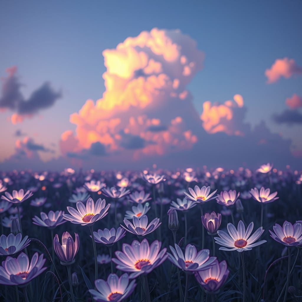 Luminous Fantastical Flowers Bloom in Twilight Digital Matte...
