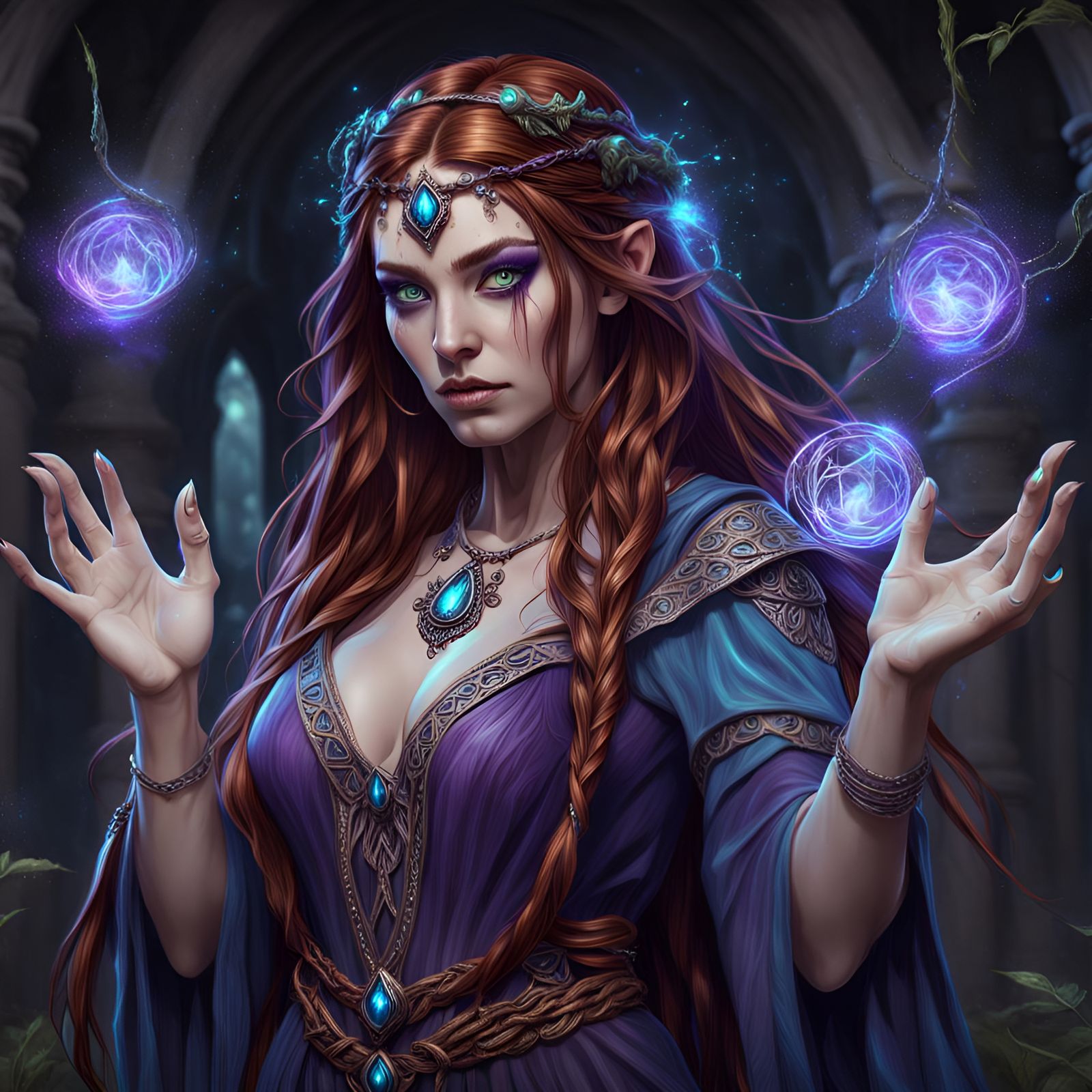 Auburn Haired Druid Priestess Casting Magic