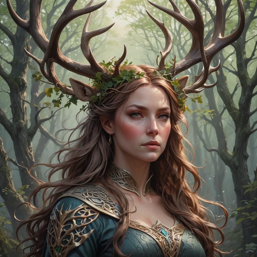 A gorgeous Celtic woman with the antlers of an Irish Elk.