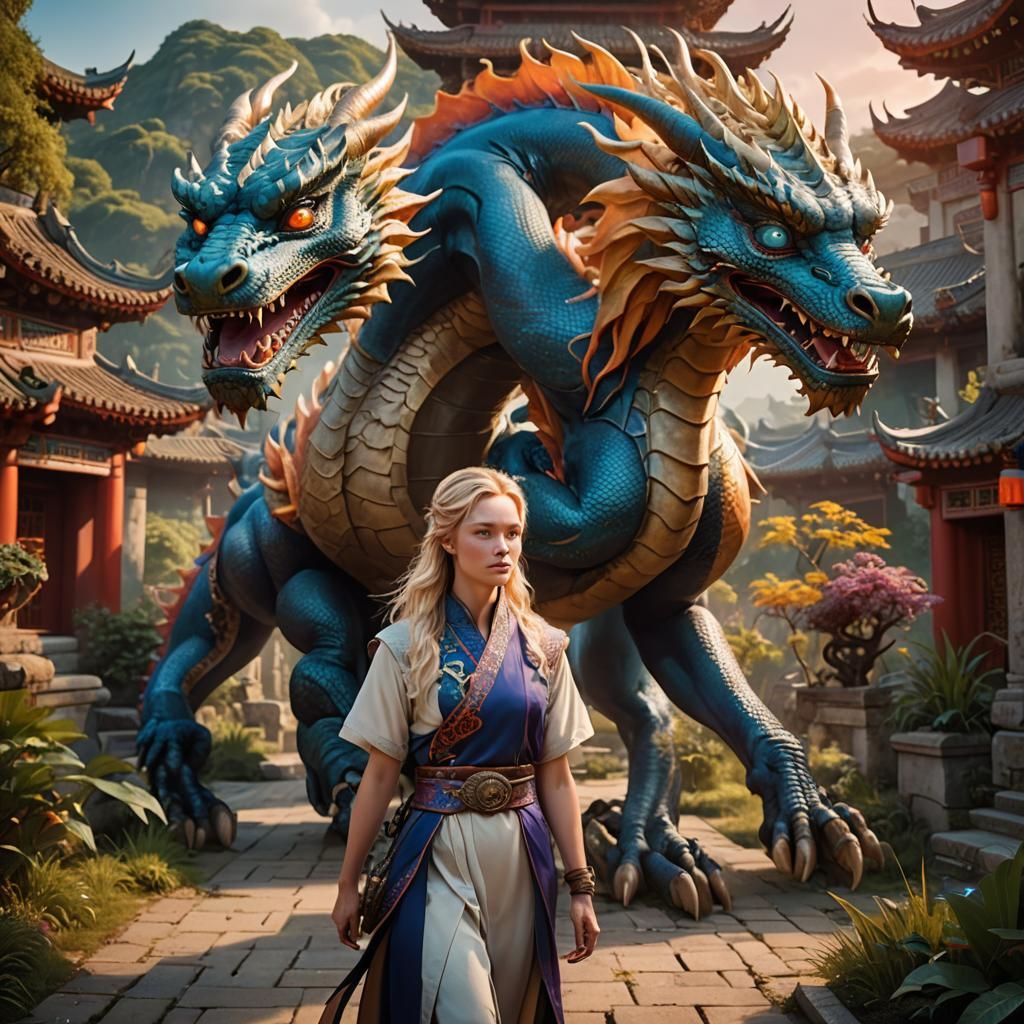 Girl and Dragon in Chinese Countryside Digital Painting