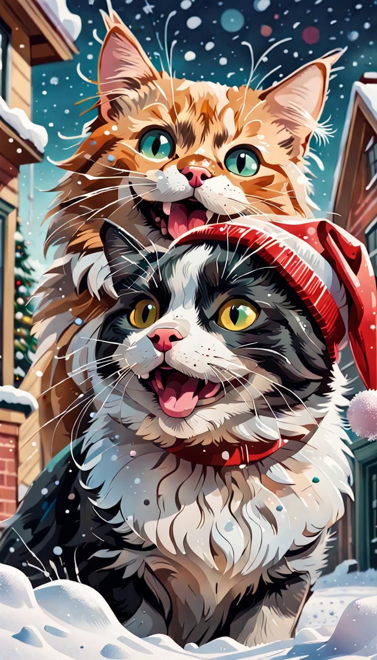 Smiling Cat and Dog in Winter, Gouache Street Art