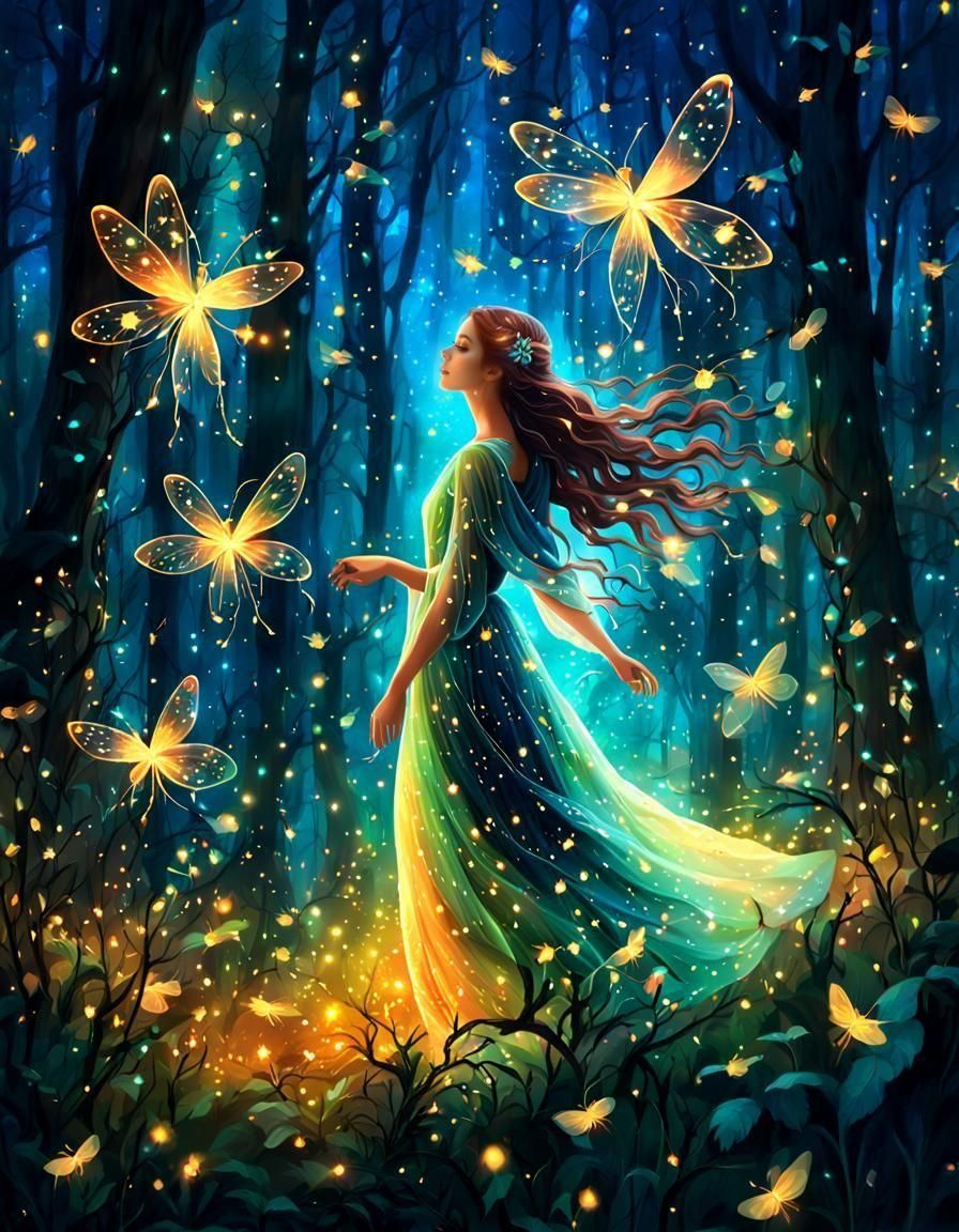 Ethereal Lady in Enchanted Forest with Fireflies