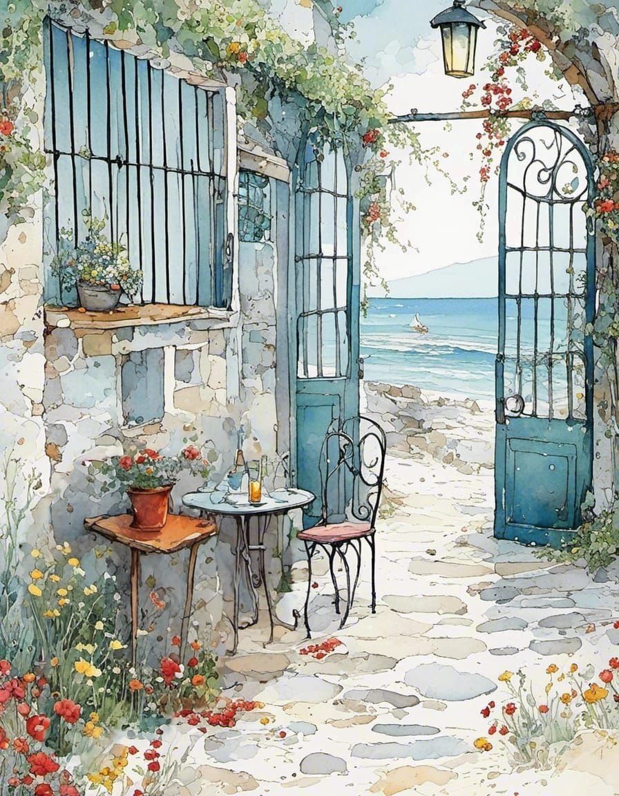 Cozy Cafe Bar on Summer Beach in Watercolor Style