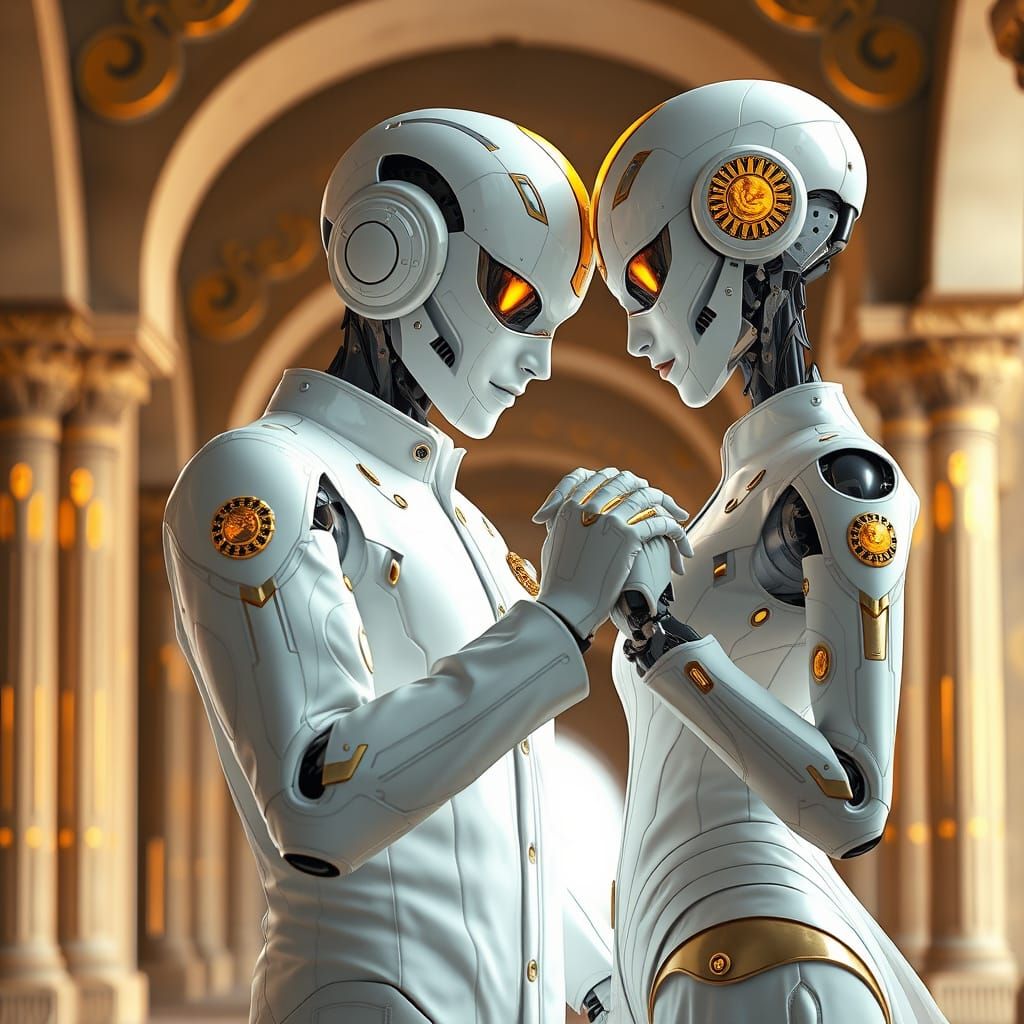 Futuristic Robot Wedding in Golden Splendor