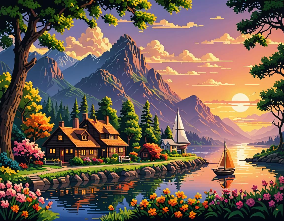 Pixel Art Sunset Scene with Sailboat and Cottages