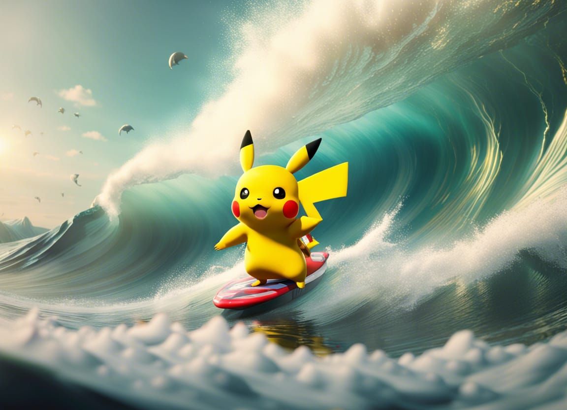 Pikachu Surfing Kanazawa Wave in 3D Render