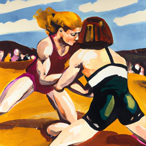 Detailed Gouache Painting of Two Women Wrestling