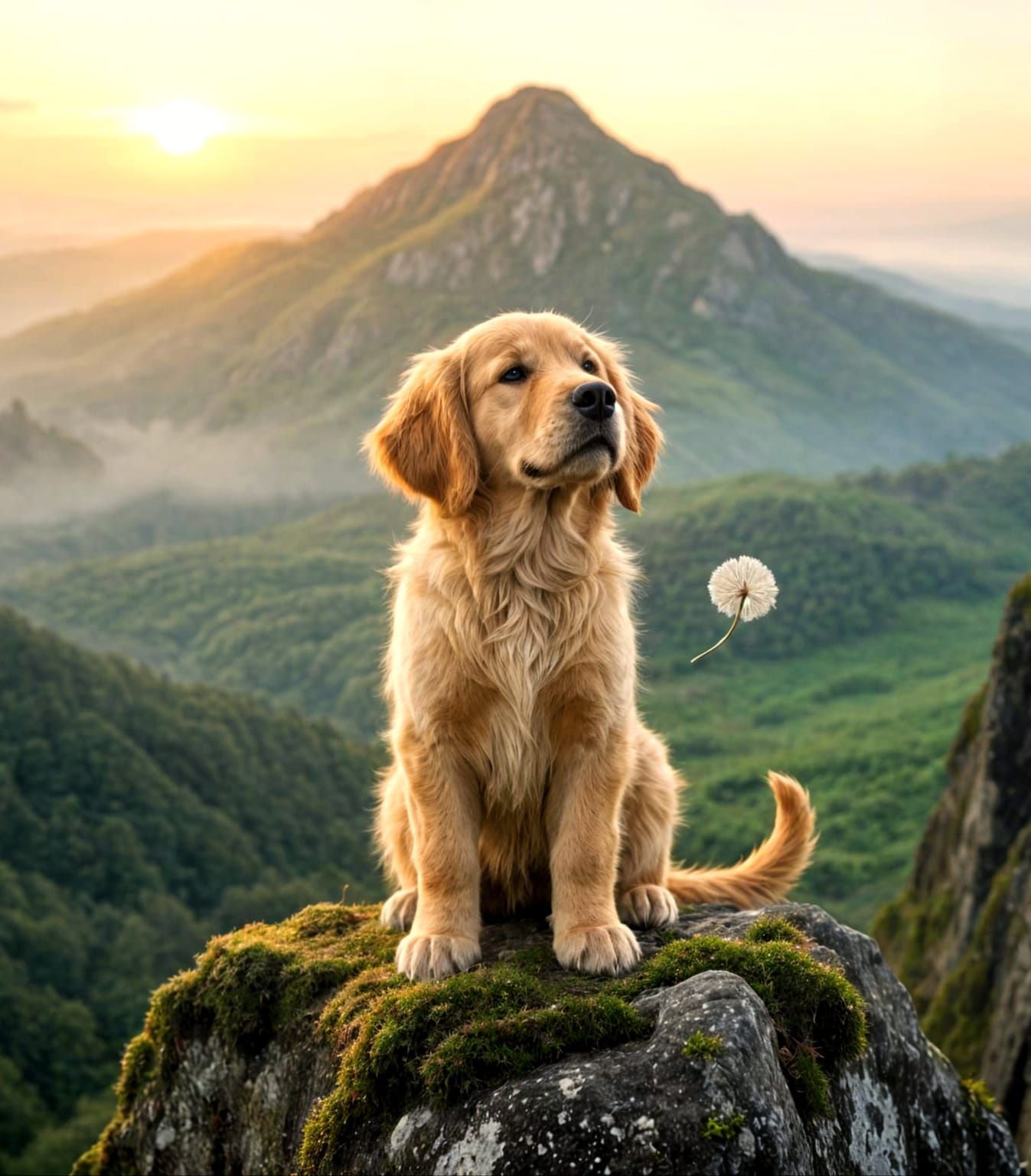 Golden Retriever Pup Surveys Misty Kingdom at Sunset