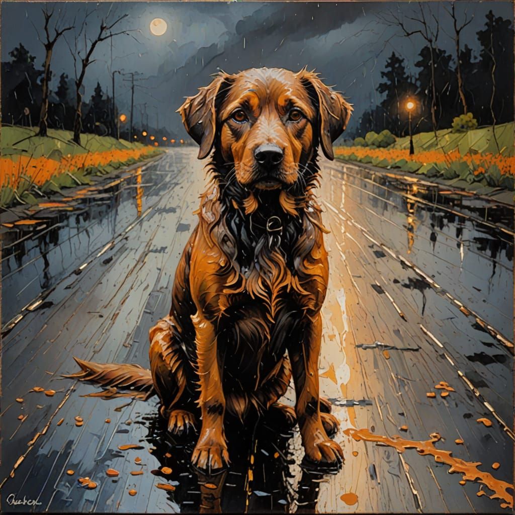 Encaustic Dog Portrait in Twilight Landscape