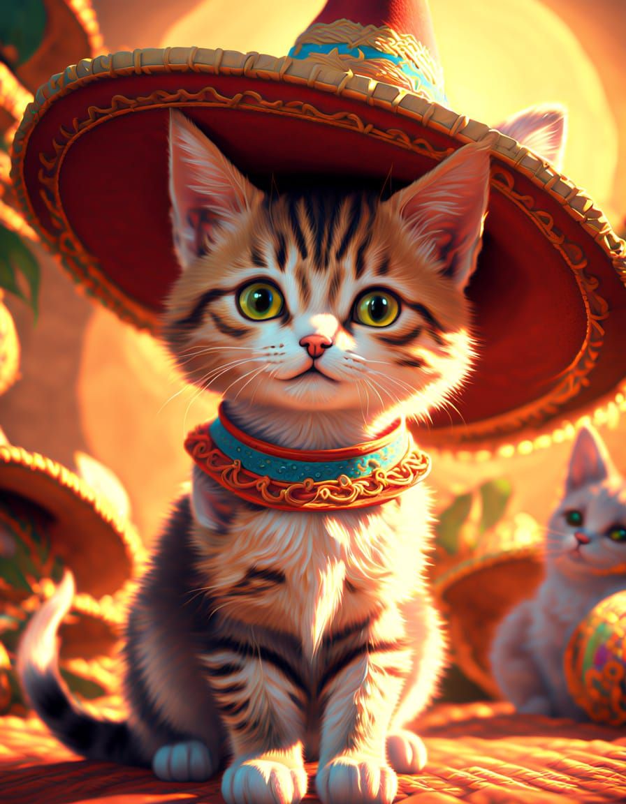 Kitten in Sombrero: Vibrant 3D Anime Art