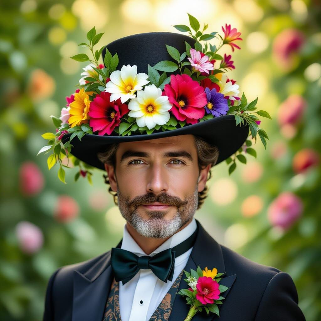 Dapper Gentleman with Floral Hat in Impressionist Garden