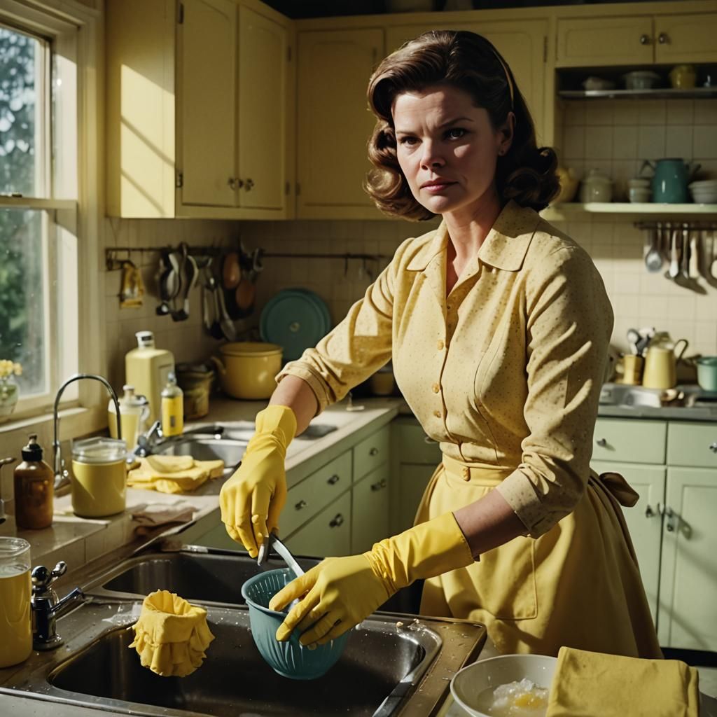 Stepford Wife in Yellow Rubber Gloves, 1950s Kitchen