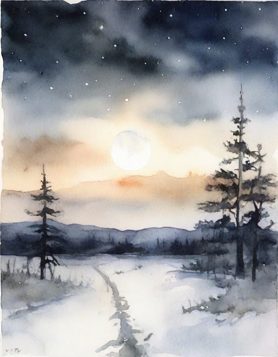 Endless Tundra at Winternight in Minimalistic Watercolour