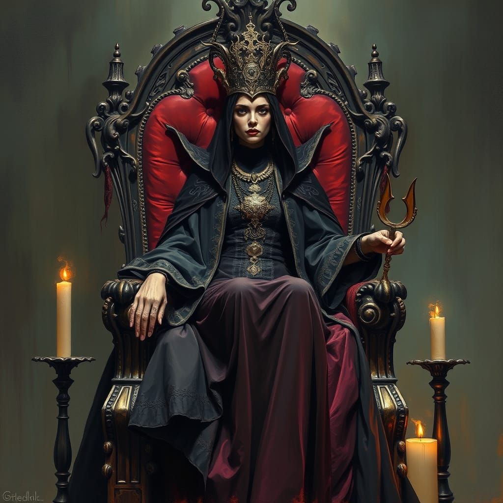 Mystical Mother Sin on Velvet Throne as Oil Painting