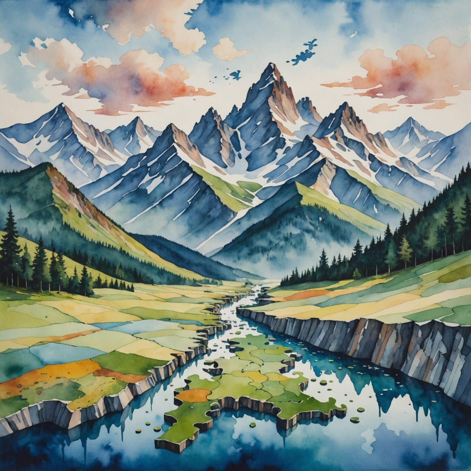 Watercolor Landscape of Floating Puzzle Mountains