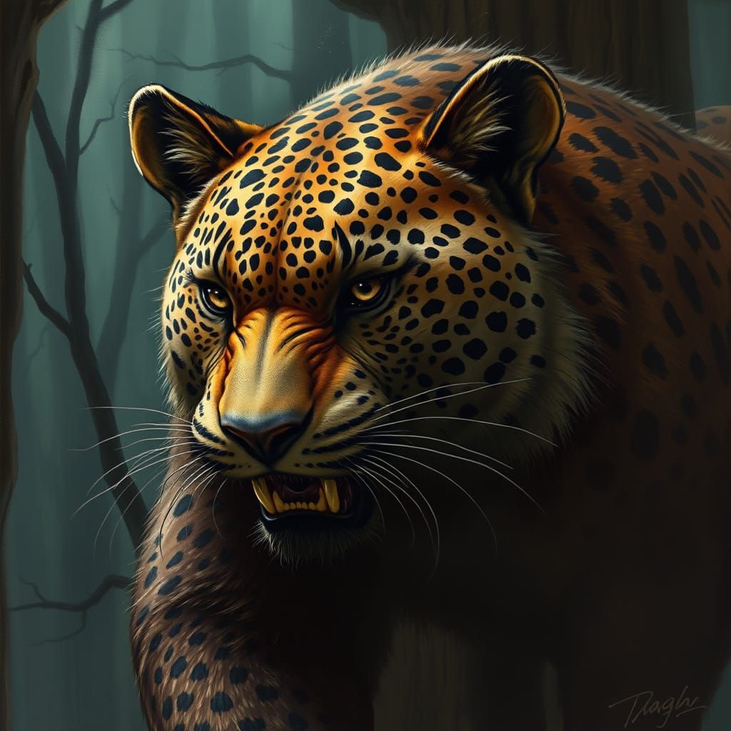 Menacing Leopard-Bear Hybrid in Dark Forest