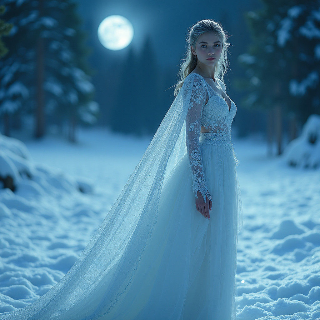 Icy Woman in Moonlit Winter Landscape