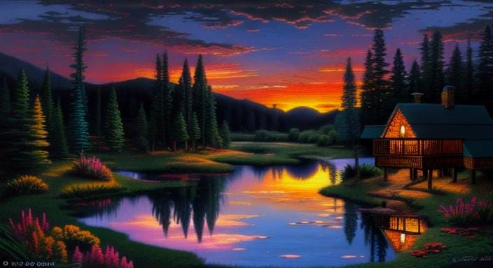 Sunset Cabin Pond in Zentangle Style