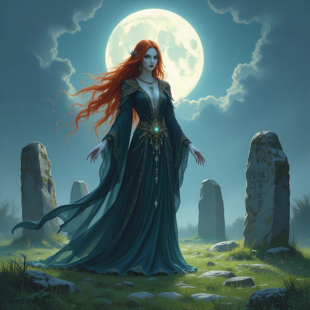 Ethereal Banshee in Gemstone Robes Above Ancient Henge