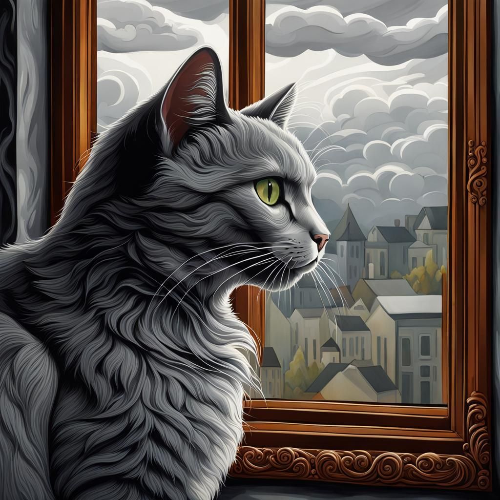 Gray Cat Gazing Out Window on Cloudy Day