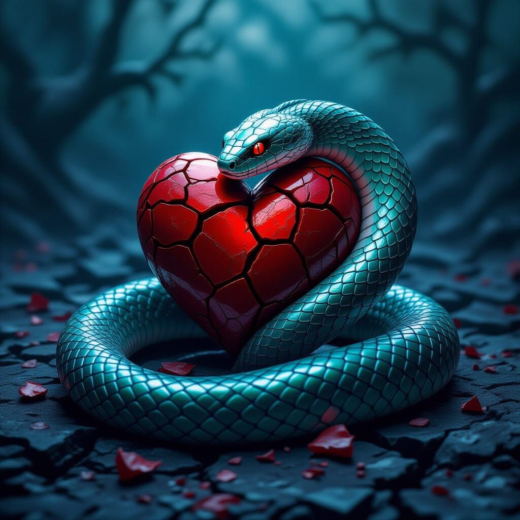 Iridescent Serpent Coils Around Broken Heart on Obsidian