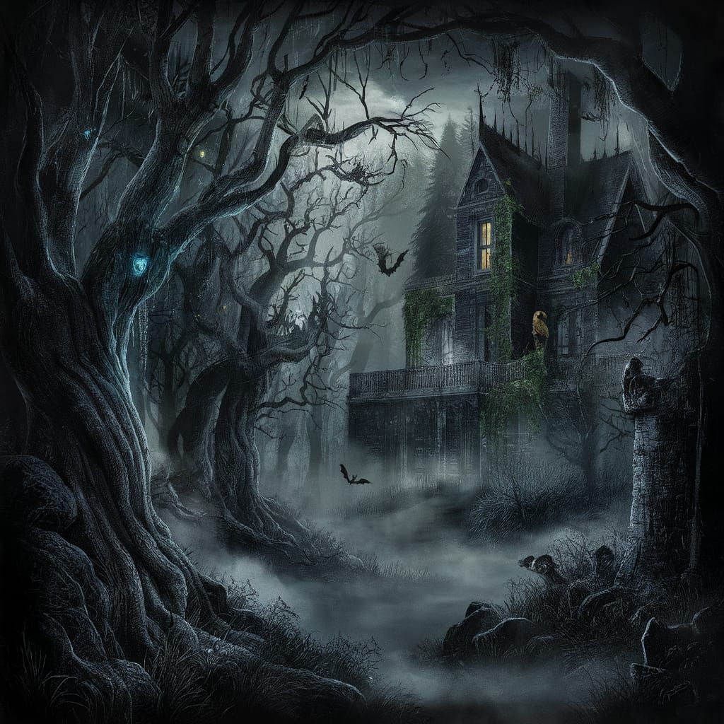 Eerie Forest Concept Art with Haunted Mansion