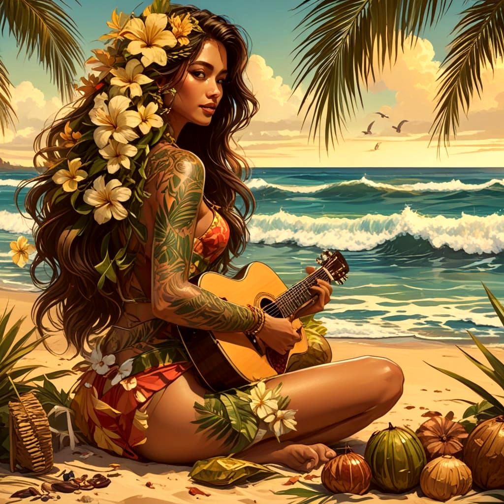 Hawaiian Hula Player with Guitar on Beach