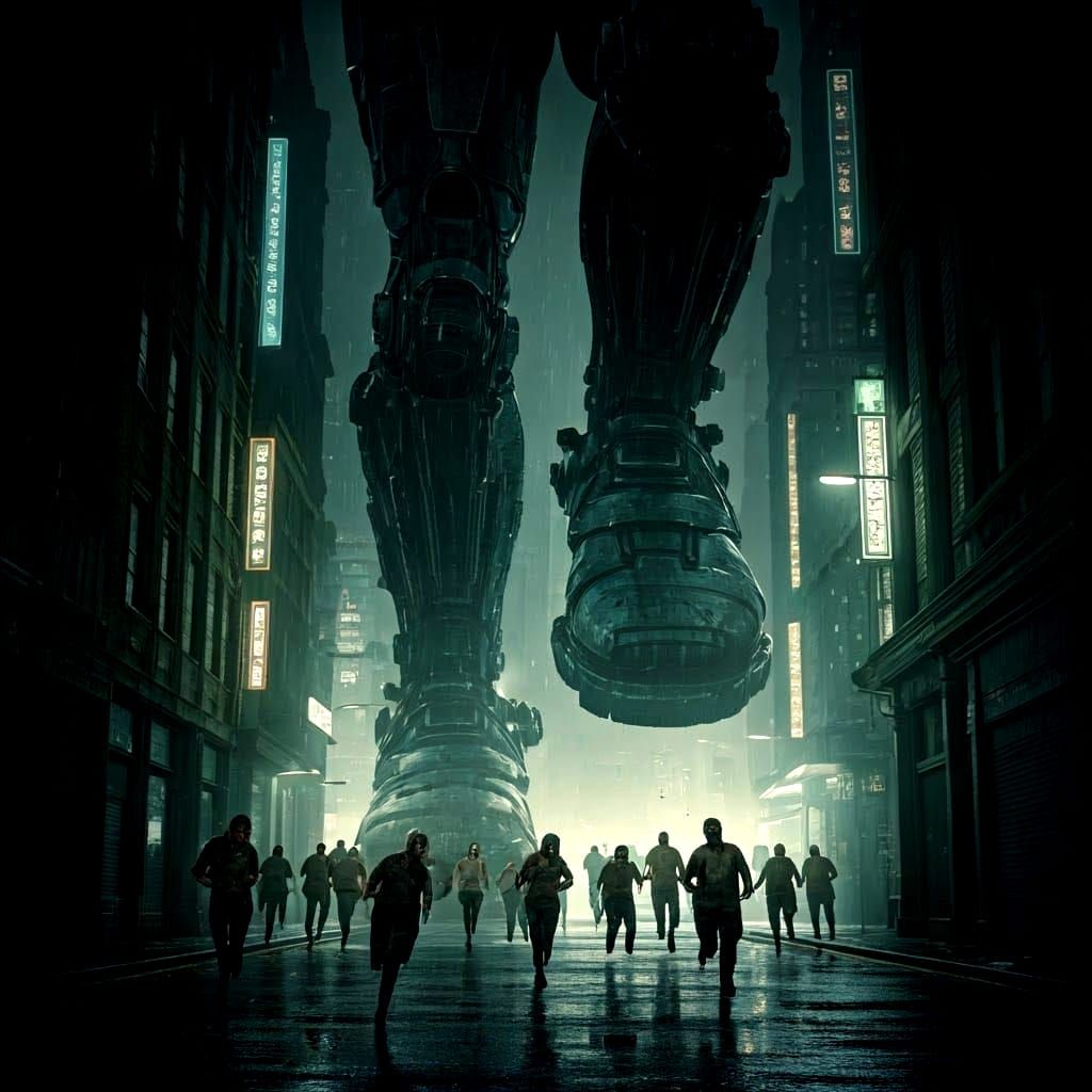 Gigantic Robot Foot Descends on Futuristic Cityscape