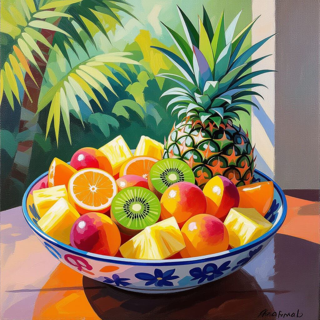 Colorful Fruit Salad in Impressionist Style on Lanai