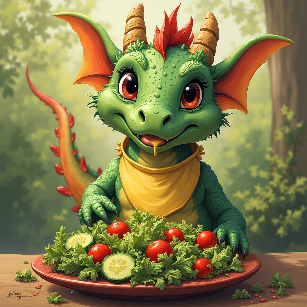 Playful Dragon Enjoys Salad in Vibrant Digital Art