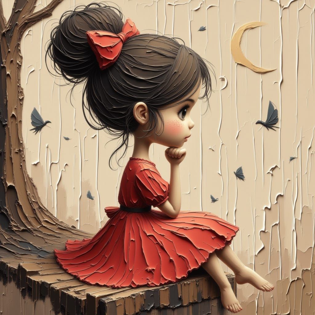 Adorable Girl in Polka-Dot Dress Thinking