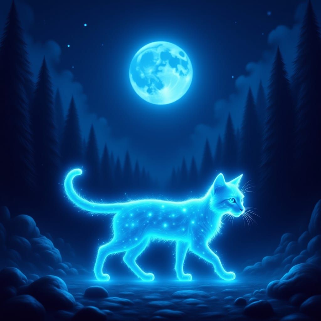 Ethereal Blue Ghost Cat Under Moonlight