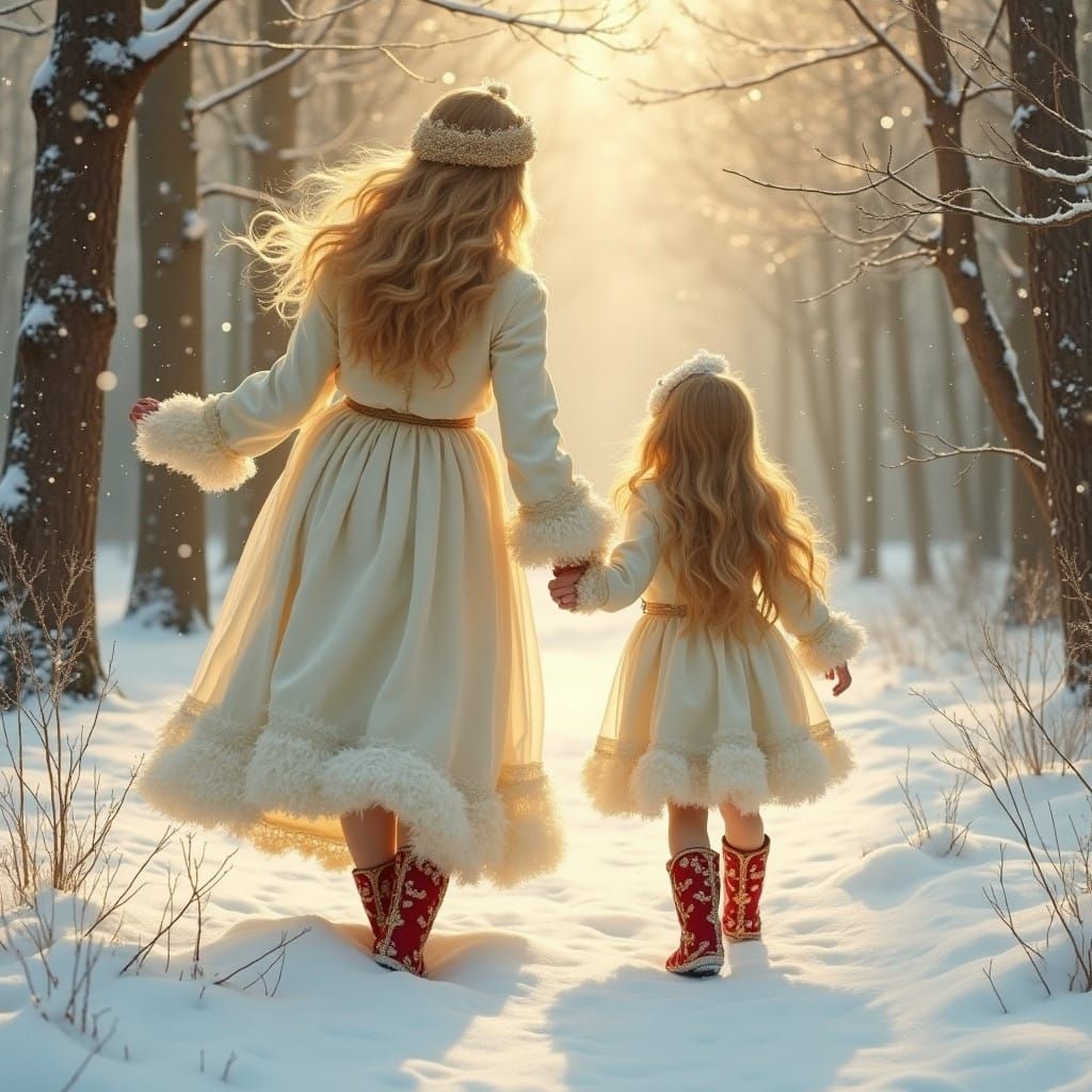 Mother and Daughter Dance in Snowy Forest