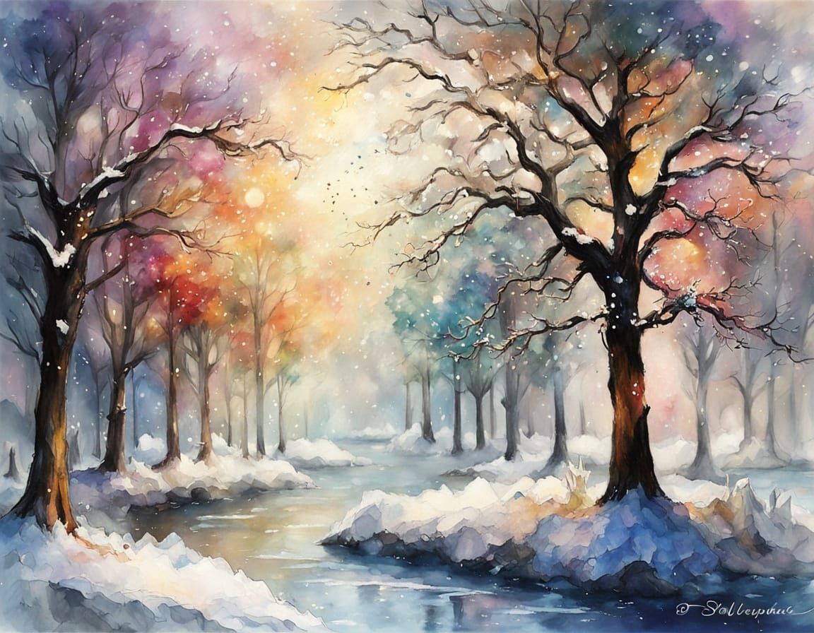 Ethereal Watercolor Christmas Tree in Snowy Dreamscape