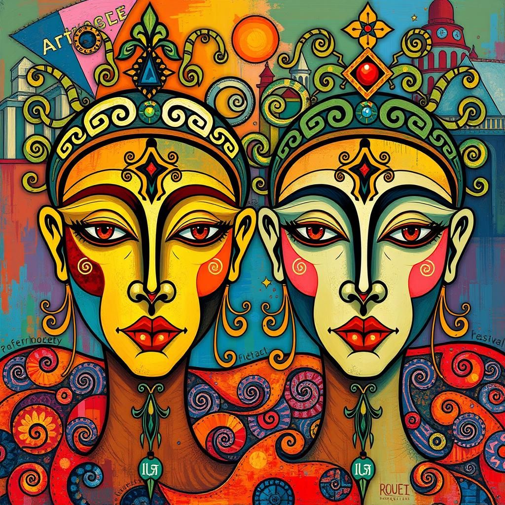 Abstract Festival Faces in Surrealist Digital Art