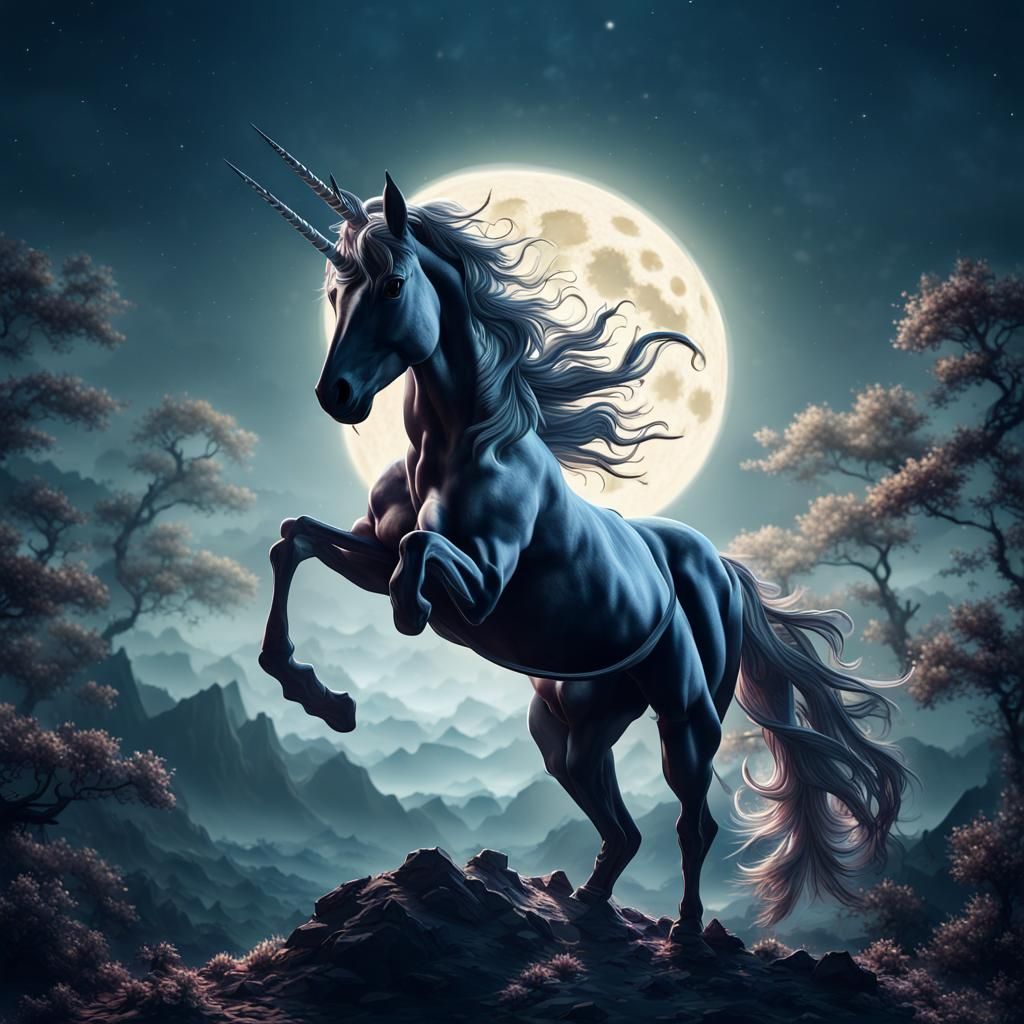 Unicorn Silhouette Against Moonlit Night, Detailed Illustrat...