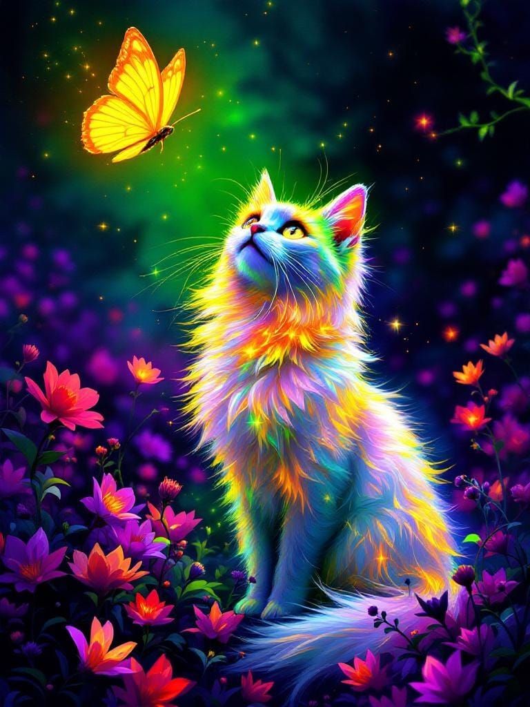 Neon Cat with Butterfly in Digital Art Style