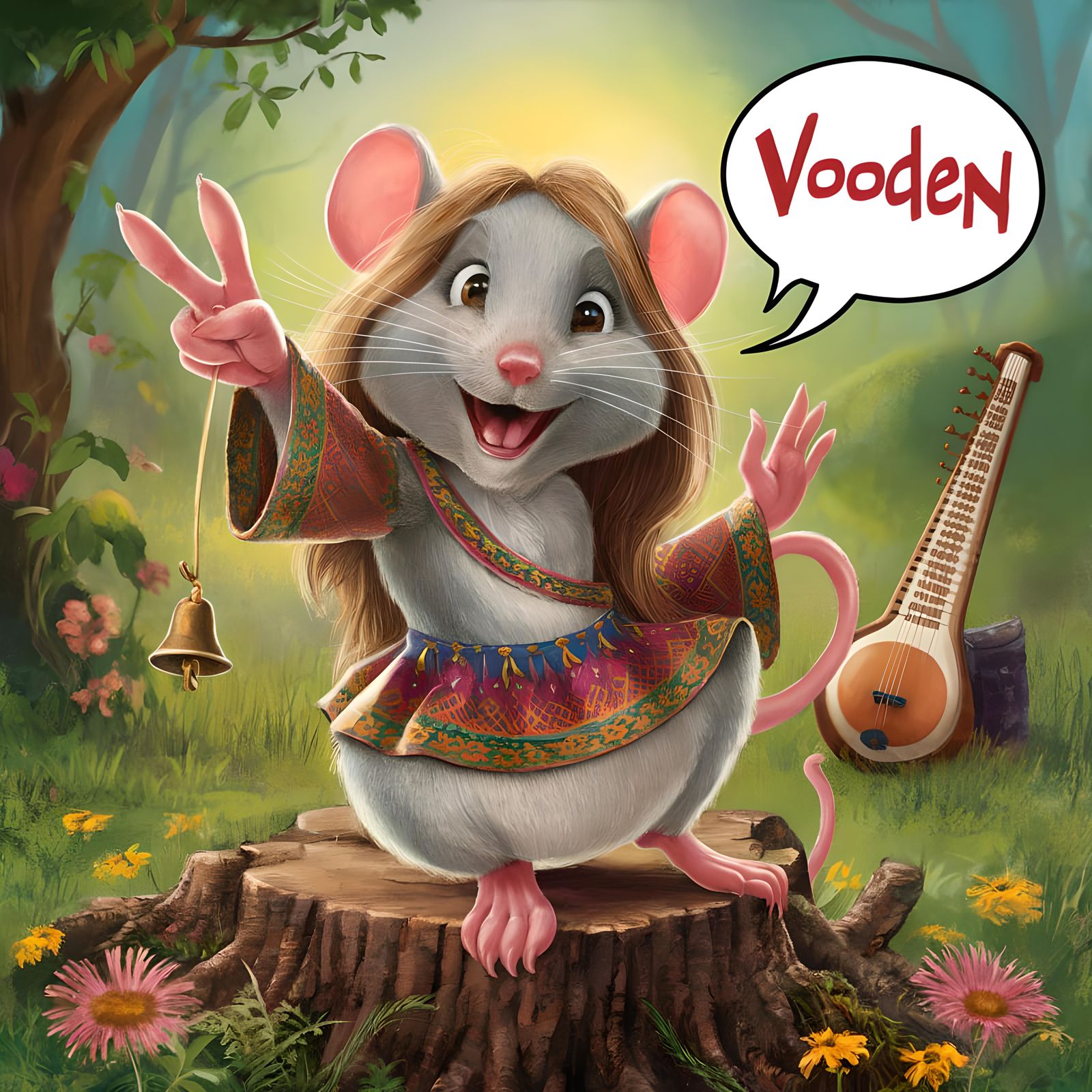 Whimsical Mouse Giving Peace Sign in Forest