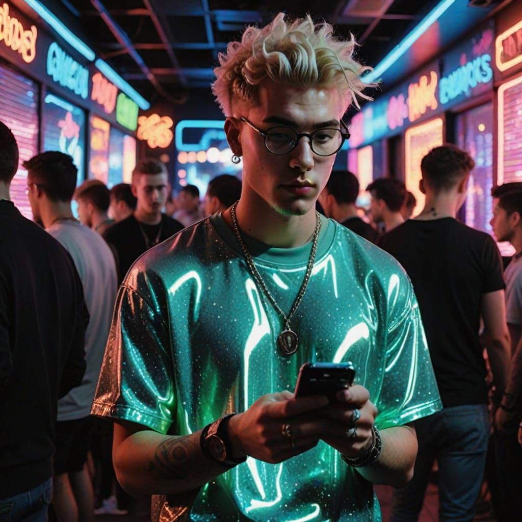 Grunge Guy Dances Under Neon Lights