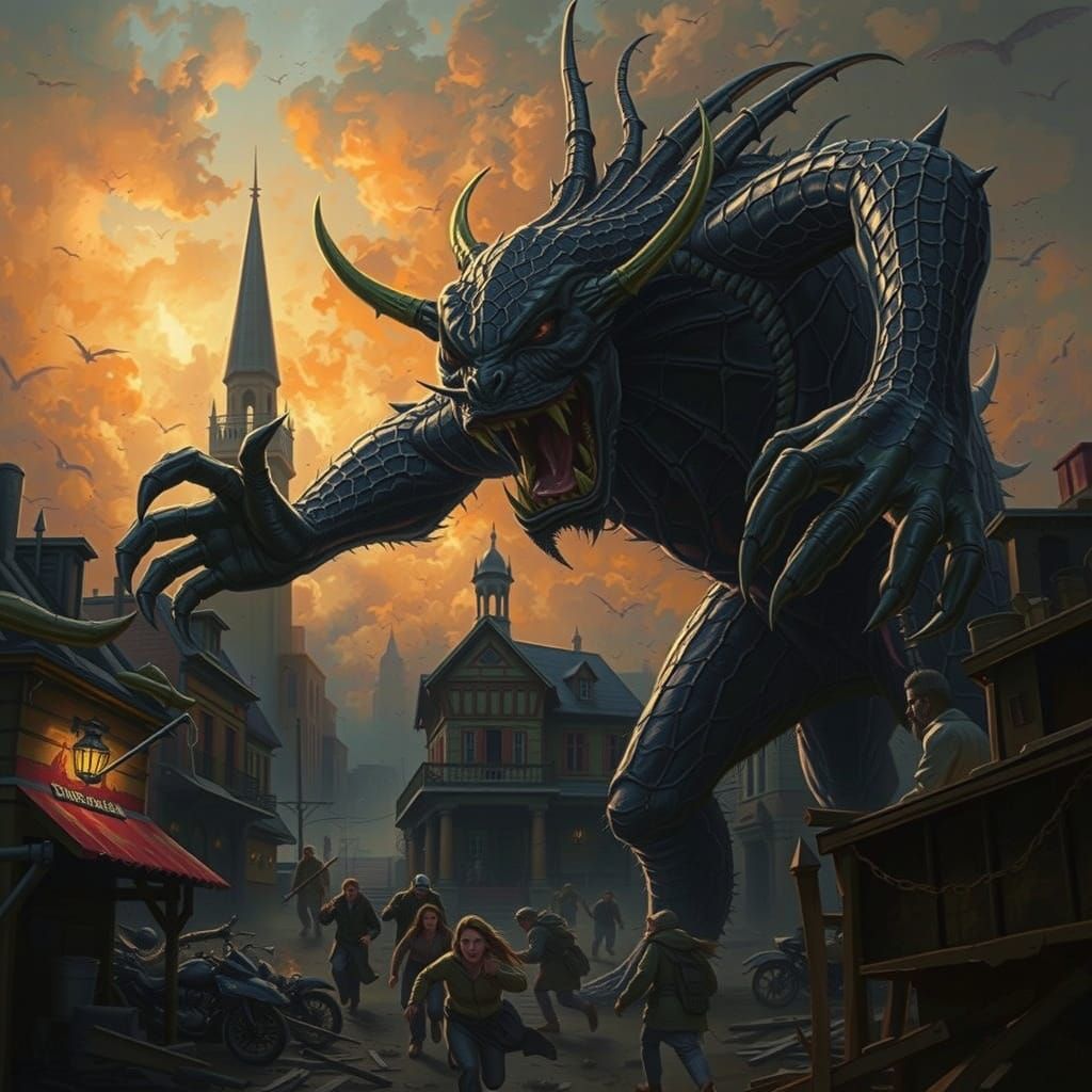 Colossal Monster Roars Fire Over Ruined Cityscape