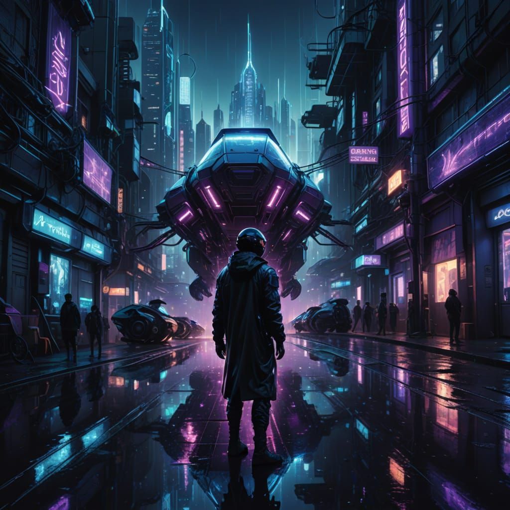 Futuristic Cyberpunk City with Spaceship and Neon Lights