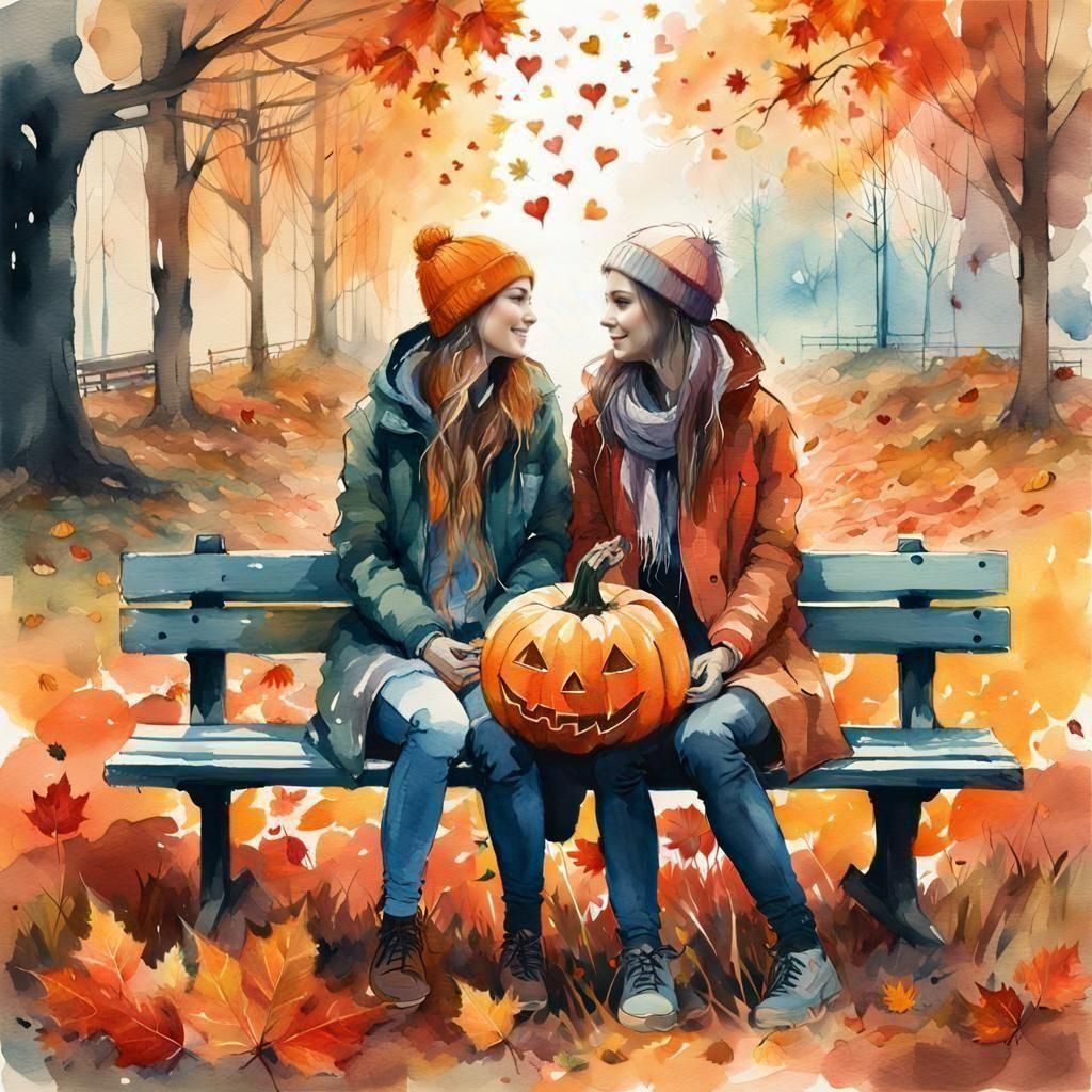 Romantic Autumn Scene of Two Women in Love